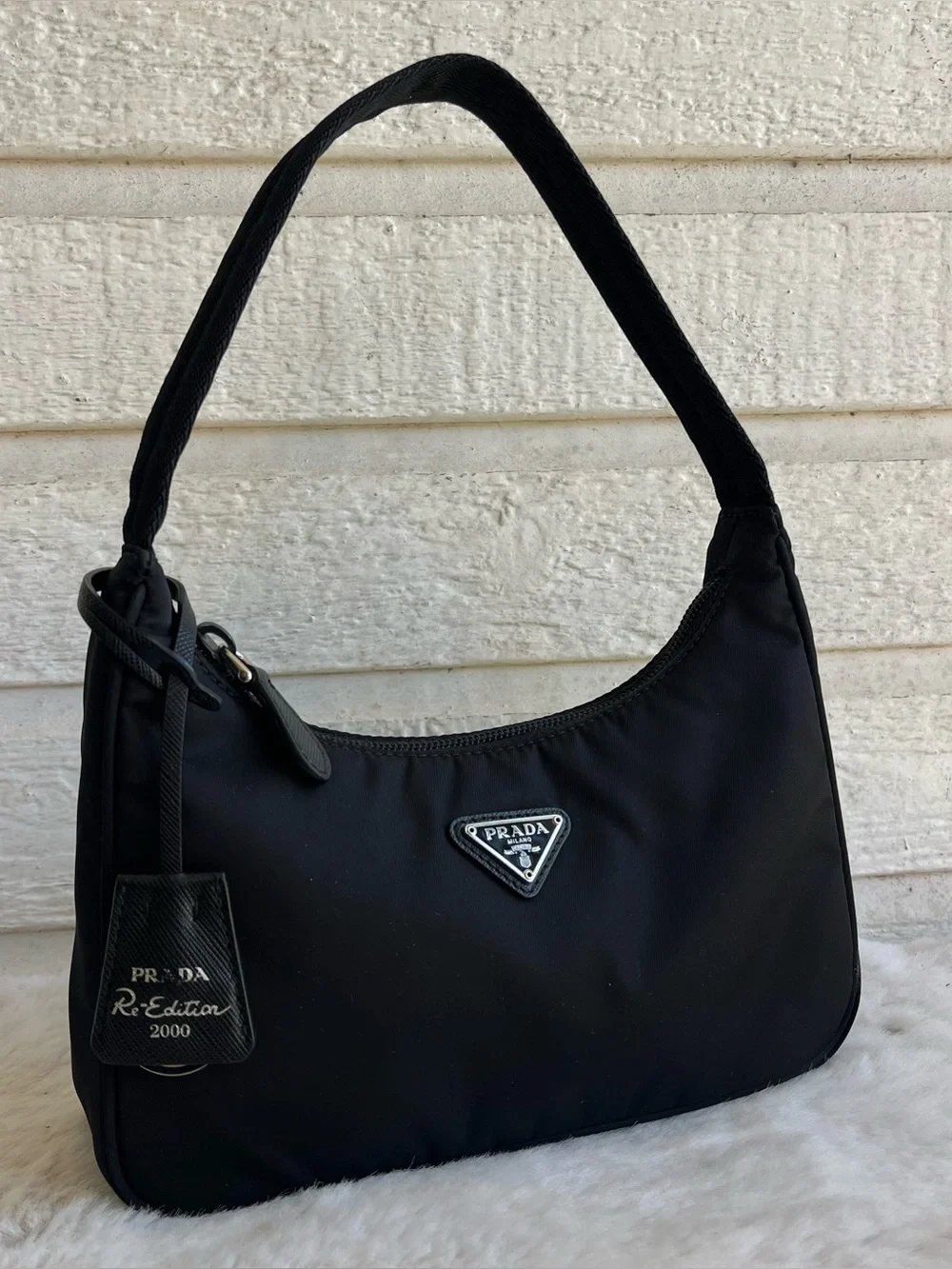 PRADA Re-Edition 2000 Black Nylon Hobo Baguette Shoulder Bag Galleria